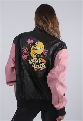 VINTAGE LOONEY TUNES LEATHER BOMBER JACKET OVERSIZED (4AC)