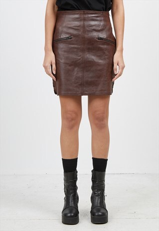 VINTAGE BROWN PELLJDEA LEATHER MINI PENCIL SKIRT