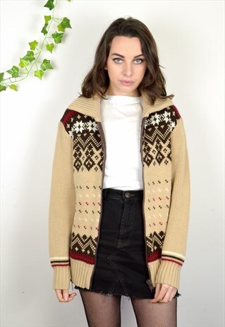90S VINTAGE NORDIC PATTERN KNIT ZIP UP CARDIGAN JACKET