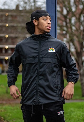 WINDBREAKER WATERPROOF JACKET IN BLACK WITH RAINBOW PATCH