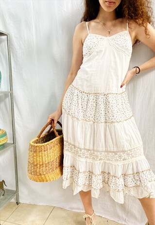 VINTAGE Y2K MILKMAID ROMANCE FLORAL WHITE MAXI DRESS