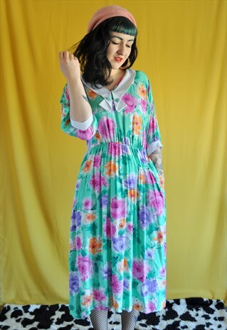 VINTAGE 1980S RAINBOW FLORAL MIDI TEA DRESS
