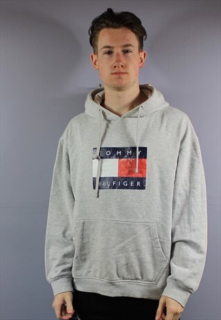 VINTAGE TOMMY HILFIGER HOODIE IN GREY WITH PRINTED LOGO AND