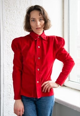 Vintage 70's Authentic Red Soft Corduroy Puff Sleeved Shirt