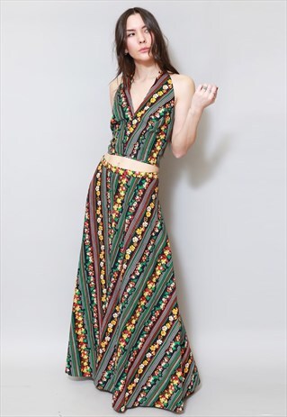 VINTAGE 1970'S FLORAL HALTER TOP & MAXI SKIRT CO-ORD