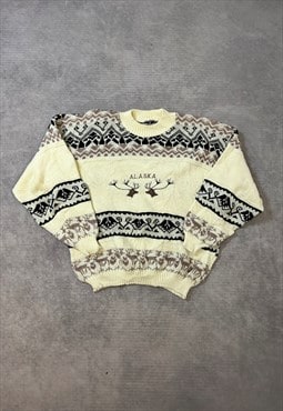 Vintage Knitted Jumper Embroidered Moose Patterned Sweater