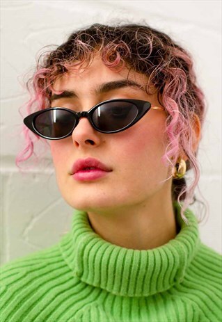 SUPER SKINNY CAT EYE SUNGLASSES IN BLACK WITH GOLD ARMS