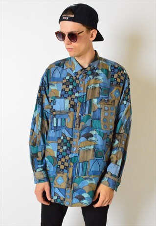 VINTAGE 90S BLUE ABSTRACT LONG SLEEVE SILK SHIRT