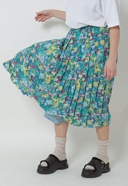 Vintage 80s High Waist Pleated Watercolour Floral Skirt L