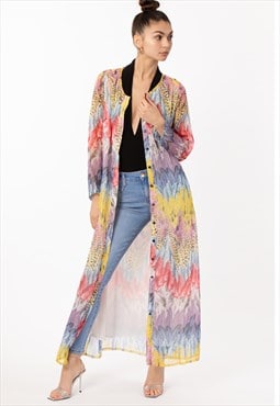 Multi color feather print chiffon long shirt dress cardigan 