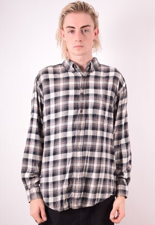 MENS VINTAGE FLANNEL SHIRT LARGE GREY CHECK 90S