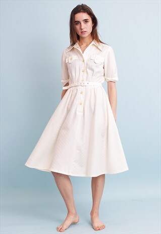 ELEGANT 70'S RETRO MINIMALIST BOHO NEUTRAL FLARE MIDI DRESS