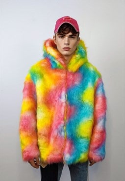 Hooded rainbow fur jacket unicorn bomber neon raver puffer