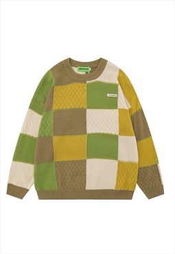 Big check sweater knitted geometric jumper skater top green