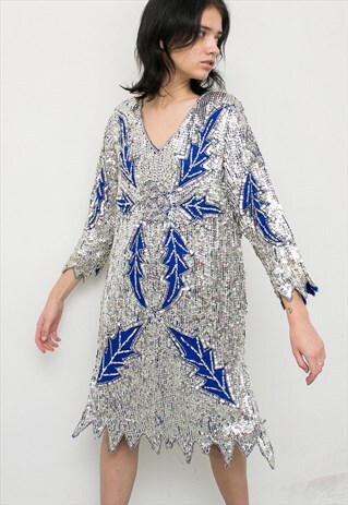 VINTAGE SILVER & BLUE SEQUIN PARTY DRESS NEW YEARS 90S