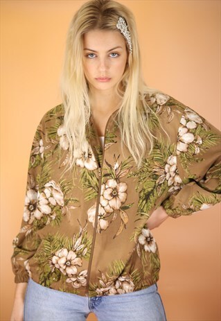 VINTAGE 90S Y2K HAWAIIAN FLOWER PRINT BOMBER JACKET BROWN