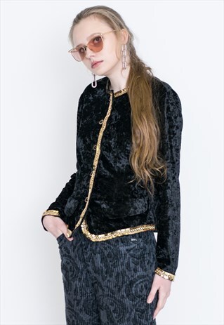 VINTAGE BLACK VELVET GOLD LONG SLEEVE RETRO SHIRT