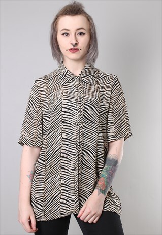 VINTAGE 80S ANIMAL PRINT PATTERNED SHEER LONG BLOUSE