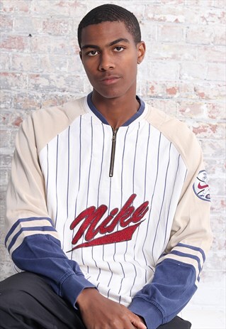 VINTAGE NIKE LOGO LONG SLEEVE STRIPED 1/ZIP T-SHIRT WHITE