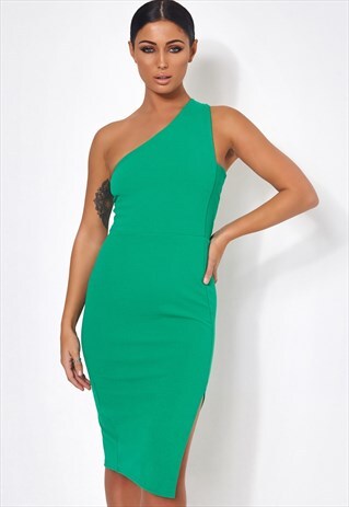 GRACE ONE SHOULDER GREEN MIDI DRESS