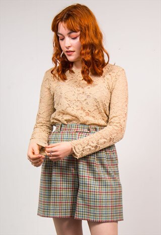 VINTAGE 90'S LIGHT BROWN FLORAL LACE MESH LONG SLEEVE TOP