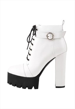 White Platform Chunky Heels Ankle Boots