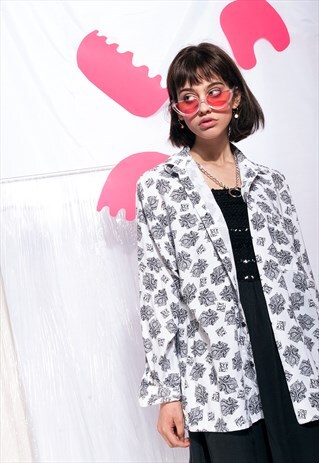 VINTAGE SHIRT 90S BLACK AND WHITE PRINTED OVERSIZED BLOUSE