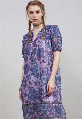 70'S PURPLE AND VIRDIAN GREEN FLORAL INDIAN BOHO DRESS