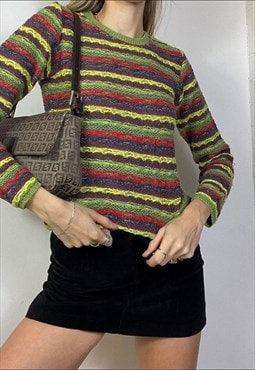 Vintage Y2k Knitted Striped Jumper Sweater Green Grunge