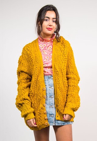 VINTAGE MUSTARD THICK CHUNKY KNIT CARDIGAN
