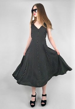 70's Vintage Black White Polka Dot Crepe Midi Dress