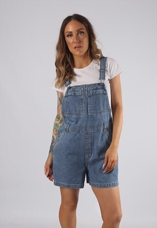 VINTAGE DENIM DUNGAREE SHORTS UK 12 MEDIUM (R2E)