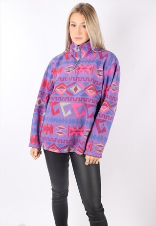 VINTAGE AZTEC PATTERNED FLEECE JUMPER SWEATER L OVERSIZED