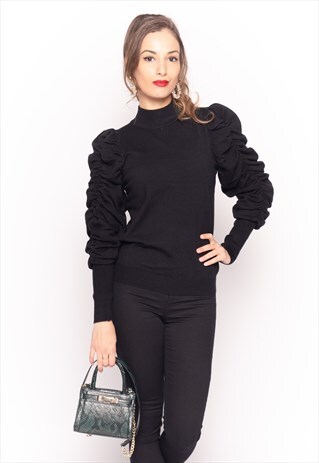 BLACK JUMPER WITH GATHERED PUFF SLEEVES