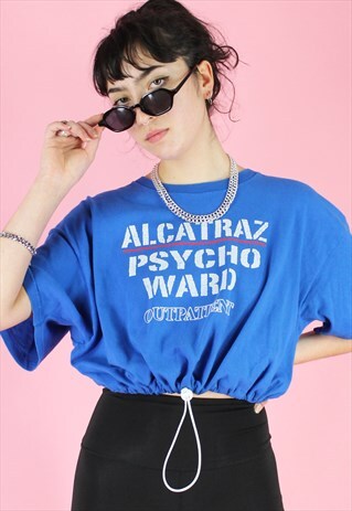VINTAGE 90S REWORKED CROP TOP IN BLUE WITH ALCATRAZ PRINT