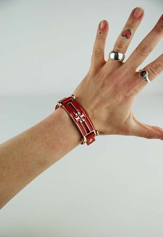 VINTAGE RED LEATHER CUFF WITH GOLD COLOURED HARDWARE
