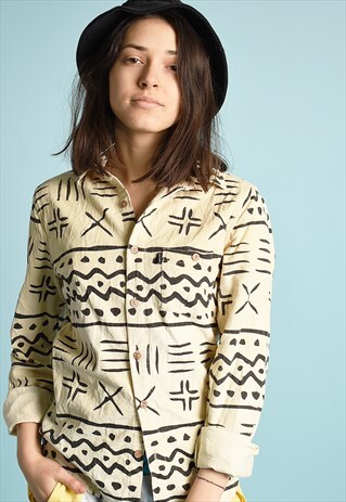 Y2K ETHNIC PRINT CORDUROY SHIRT TOP
