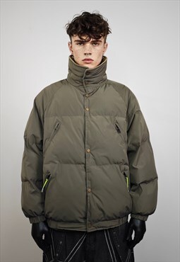 Gorpcore bomber jacket green raised neck utility puffer 