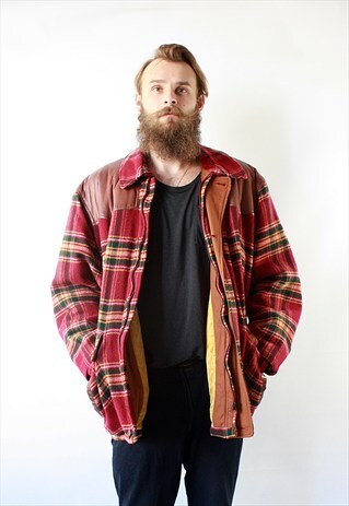 VINTAGE 90'S CLASSIC RED PLAID JACKET WITH LEATHER INSERTS