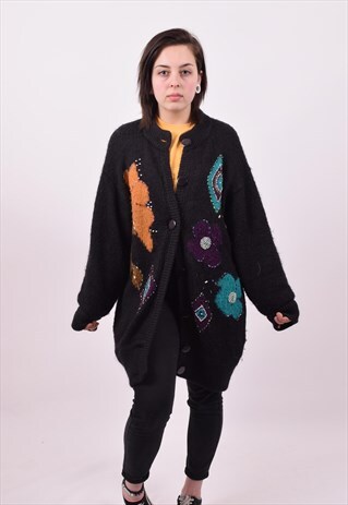 VINTAGE 80'S BLACK CRAZY PRINT OVERSIZED GRUNGE CARDIGAN