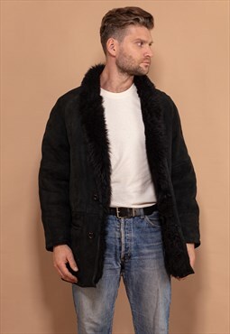 Vintage 90's Men Shearling Suede Coat in Black