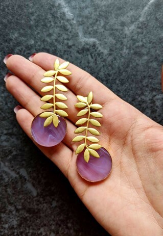 BRASS DULL MATT GOLD LILAC AMETHYST FAUX GEMSTONE EARRING