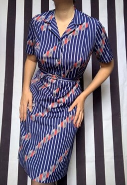 Vintage 70s blue striped belted midi shirt dress, uk14/16