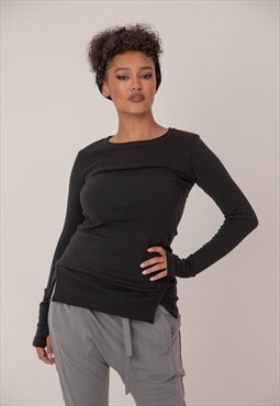 Fitted tee with long slim sleeves and crossed trim on waist 