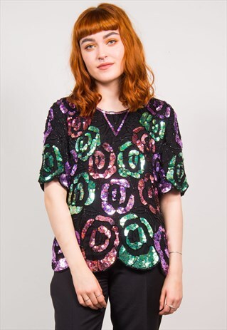 VINTAGE 90'S MULTICOLOUR SEQUIN & BEAD PATTERN EVENING TOP