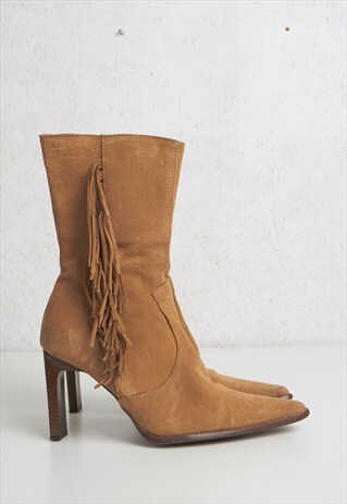 VIINTAGE BROWN SUEDE HIGH HEEL FRINGED BOOTS SHOES