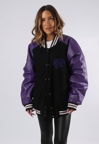 VINTAGE PVC FAUX LEATHER BOMBER JACKET FOOTBALL VARSITY 9D4K