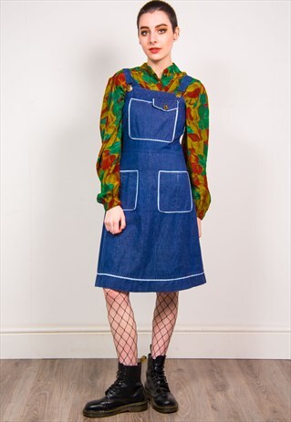 VINTAGE 70'S DENIM PINAFORE STRAPPY DRESS