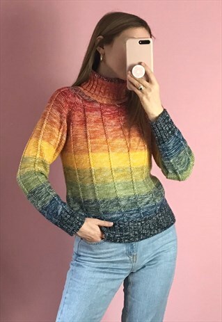 90S RAINBOW STRIPED KNITTED ROLL NECK JUMPER