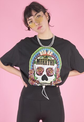 VINTAGE REWORKED CROP TOP IN BLACK WITH SKULL 'MUERTOS' PRIN